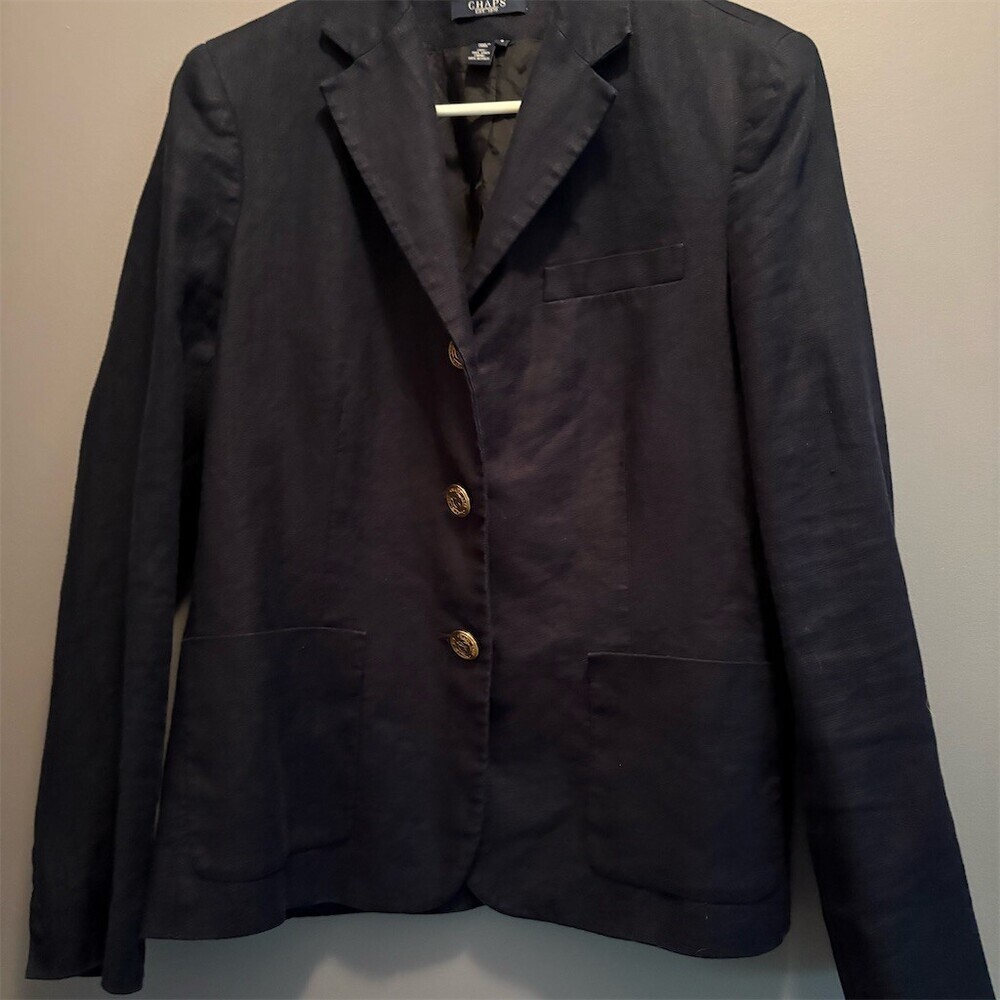 Chaps Blazer Jacket Womens Size 8 Navy Blue Gold Crest Buttons Linen